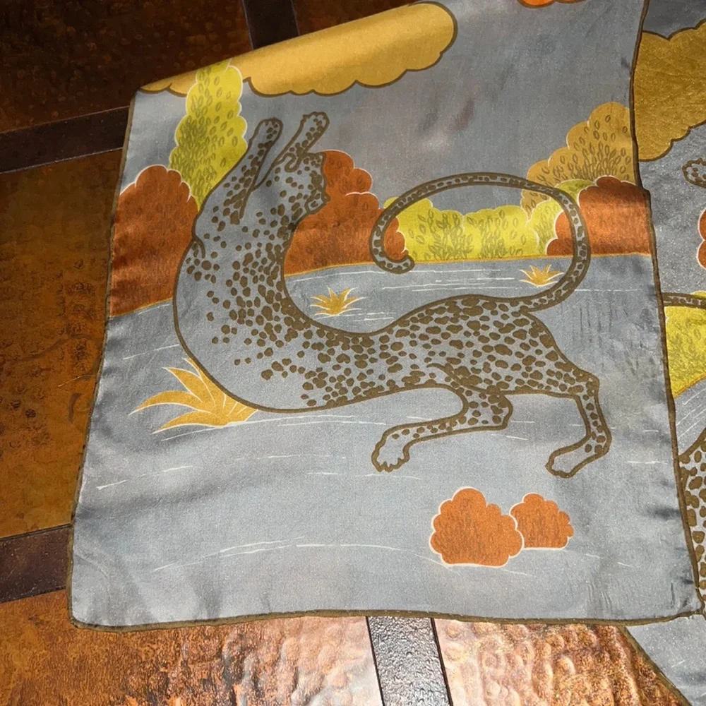 Sally Gee Silk Scarf Japan Big Cats Leopard Tiger Hand Rolled WPL 13407 Vintage